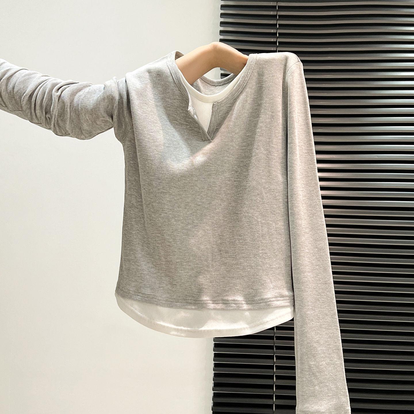 

Color-block Women s Long-Sleeve Faux Two-Piece Slim Top for Spring, Autumn, and Winter Extra Large хізер сірий колір