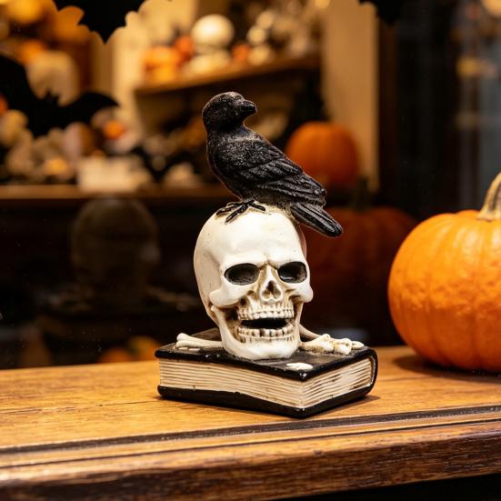 Retro Desktop Landscaping Mystical Raven on Skull Statue, Gothic Crow Perching Figurine Vintage Style Statue with Book, Spooky Halloween Resin