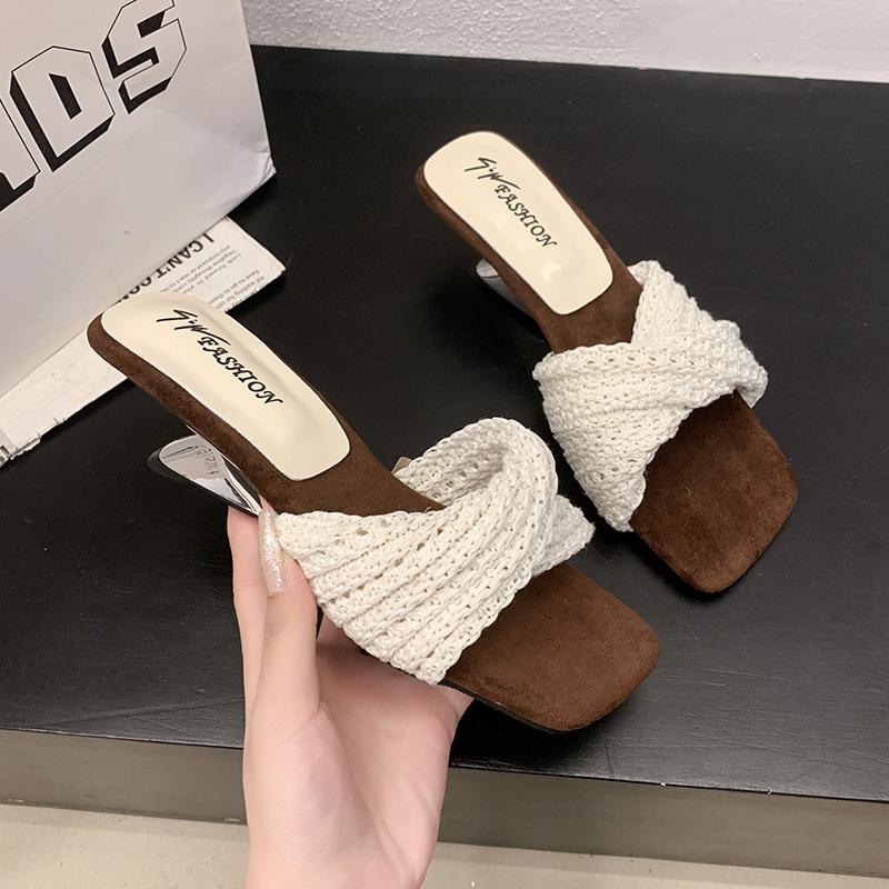 

Fashion Weave Mid Heels Women Slippers New Fashion Casual Wedges Shoes 2025 Summer Elegant Sandals Cozy Pumps Dress Sandalias De Mujer 40 белый