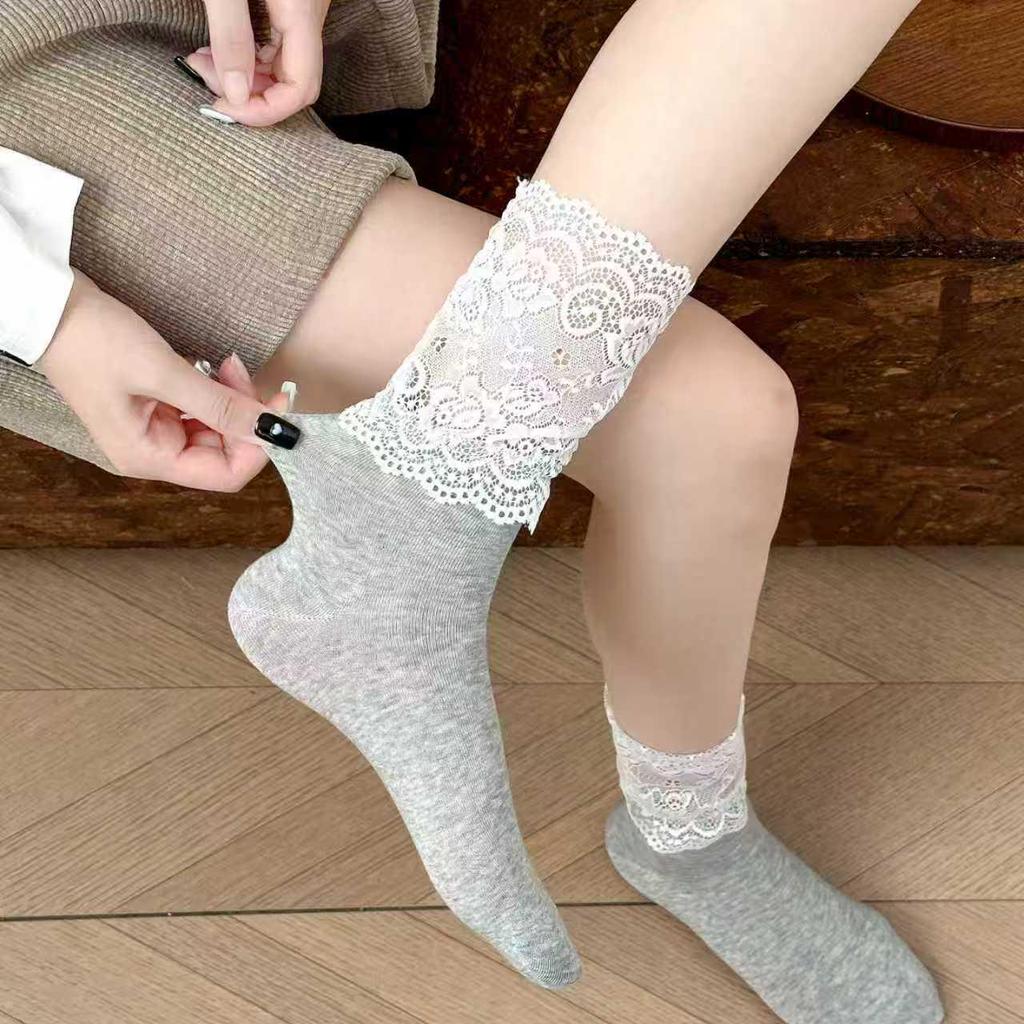 Women's Lace Ruffle Slouch Mid-Calf Socks: Spring, Summer & Winter Korean Style