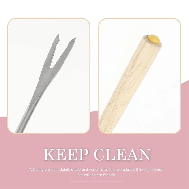 6Pcs Wood Handle Chocolate Fork Stainless Steel Cheese Fondue Forks Fork Heat Resistant Hot Pot Fruit Dessert Fork Kitchen Tools