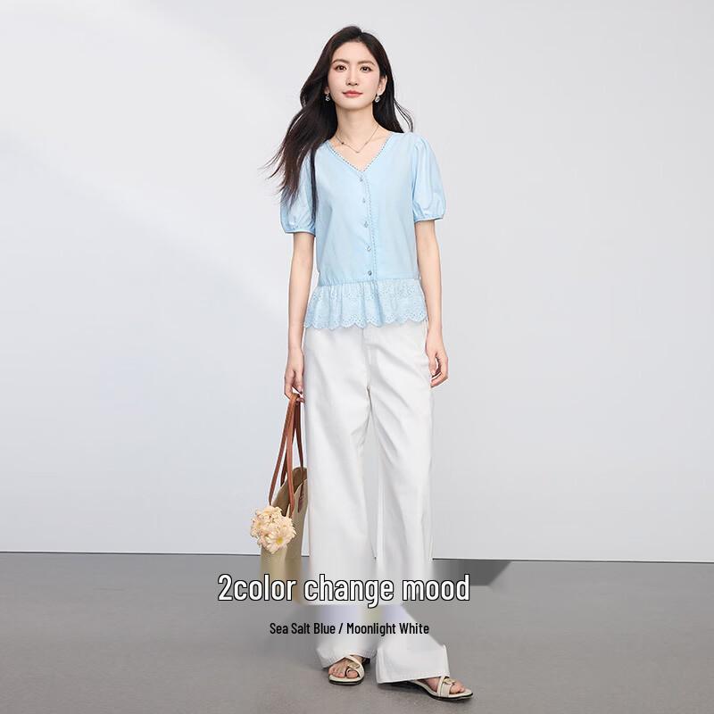 Sllsky Lace Patchwork V-Neck Puff Sleeve Blouse L