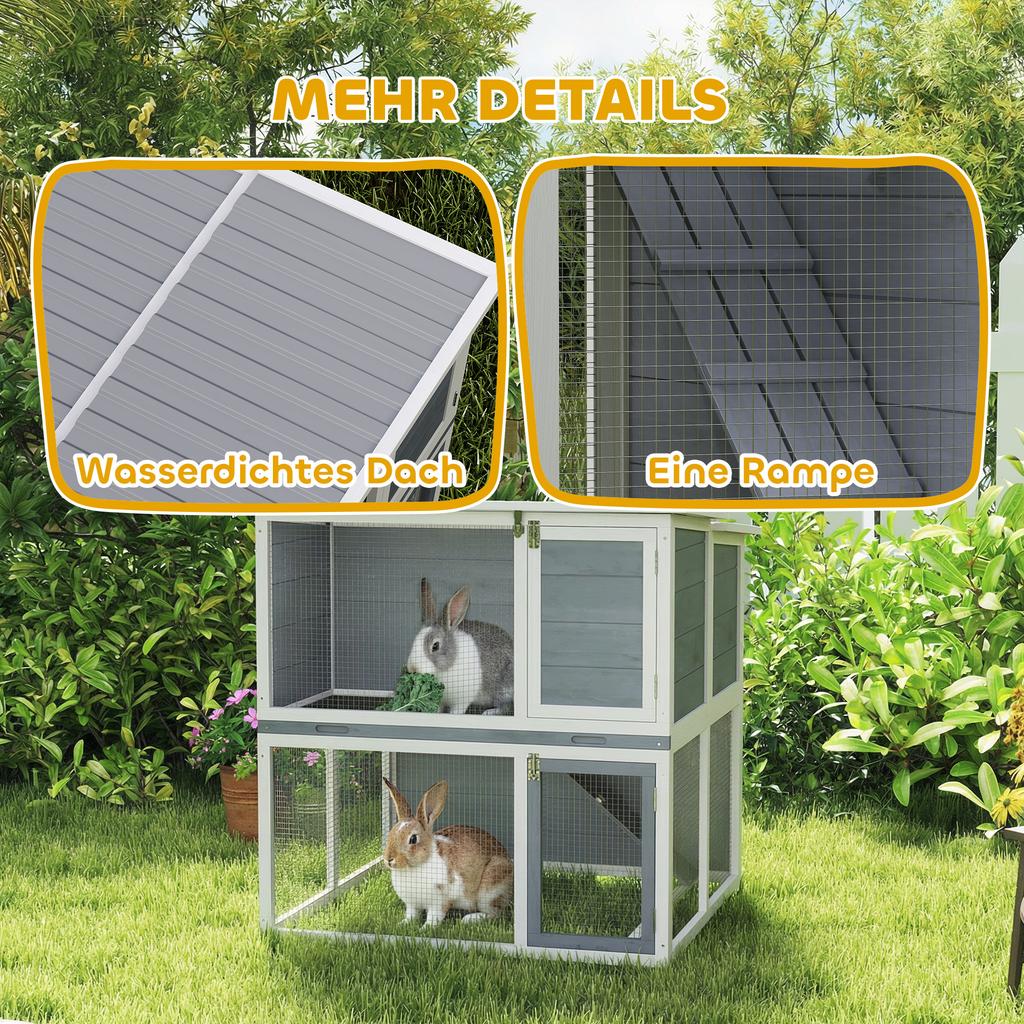 2-Story Wooden Rabbit Hutch with Weatherproof Roof, Ramp, Grey, 98x95x102.5 Cm