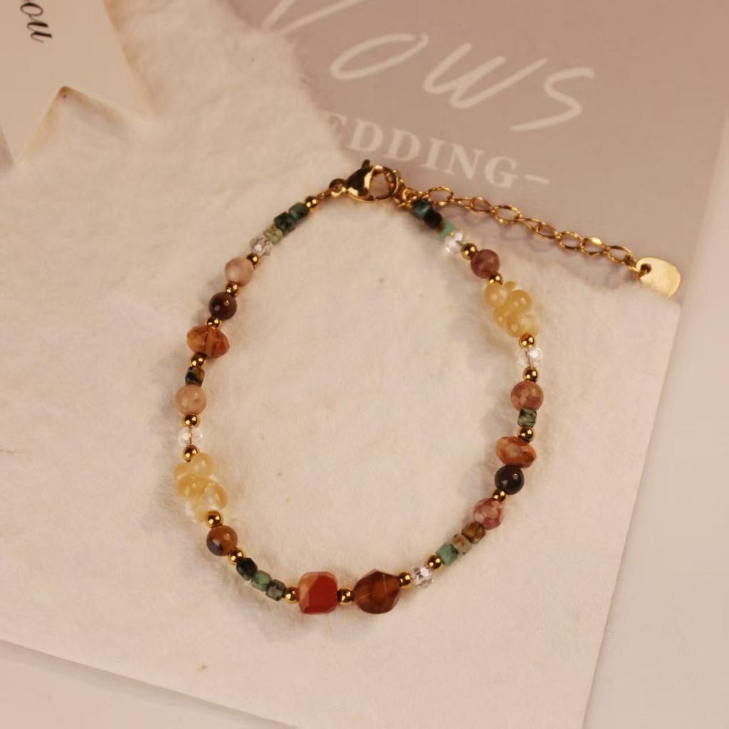 Colorful Retro Bracelet & Necklace Set with Natural Stone, Freshwater Pearls, Seed Beads & Durable Clavicle Chain
