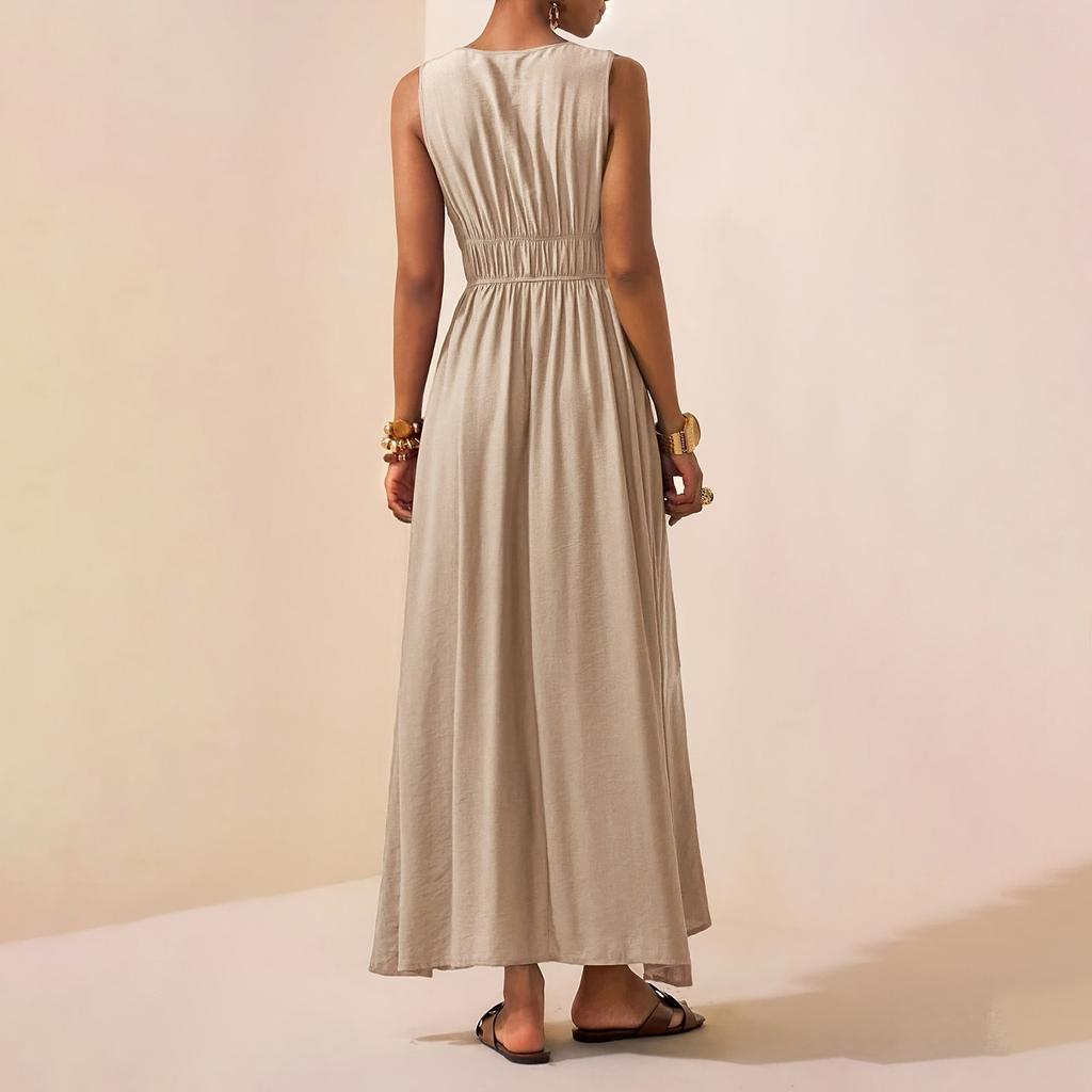 Women Summer Sleeveless V Neck Maxi Dress with High Waist and Flowy A Line Skirt for Beach Holiday Casual Wear