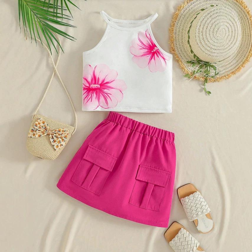 Summer Sweet Girls Floral Camisole & Cargo Skirt Set - European & American Style 7 Years