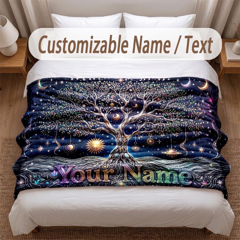 Tree of Life Theme Soft Blanket Personalized Custom Name Text Print Warm Blanket Home Sofa Bedroom Decor