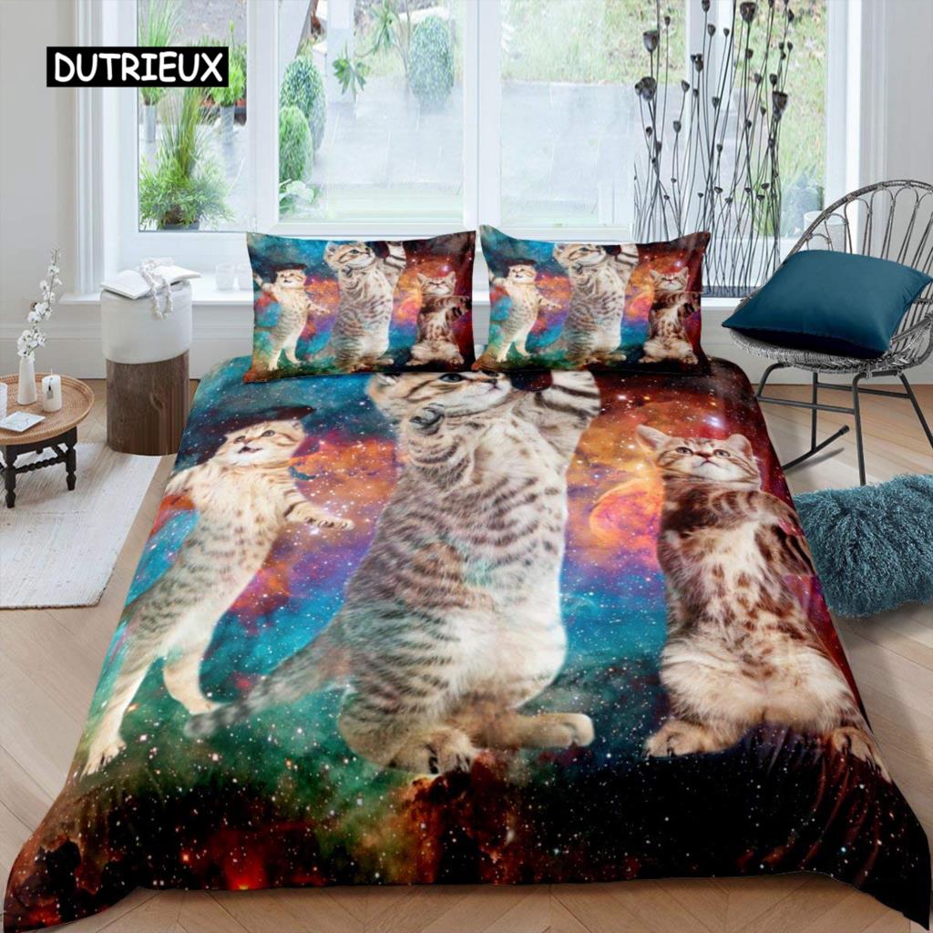 Galaxy Cat Duvet Cover Set Microfiber Universe Galaxy Bedding Set Cute Kitten Comforter Cover Outer Space Planets Quilt Cover
