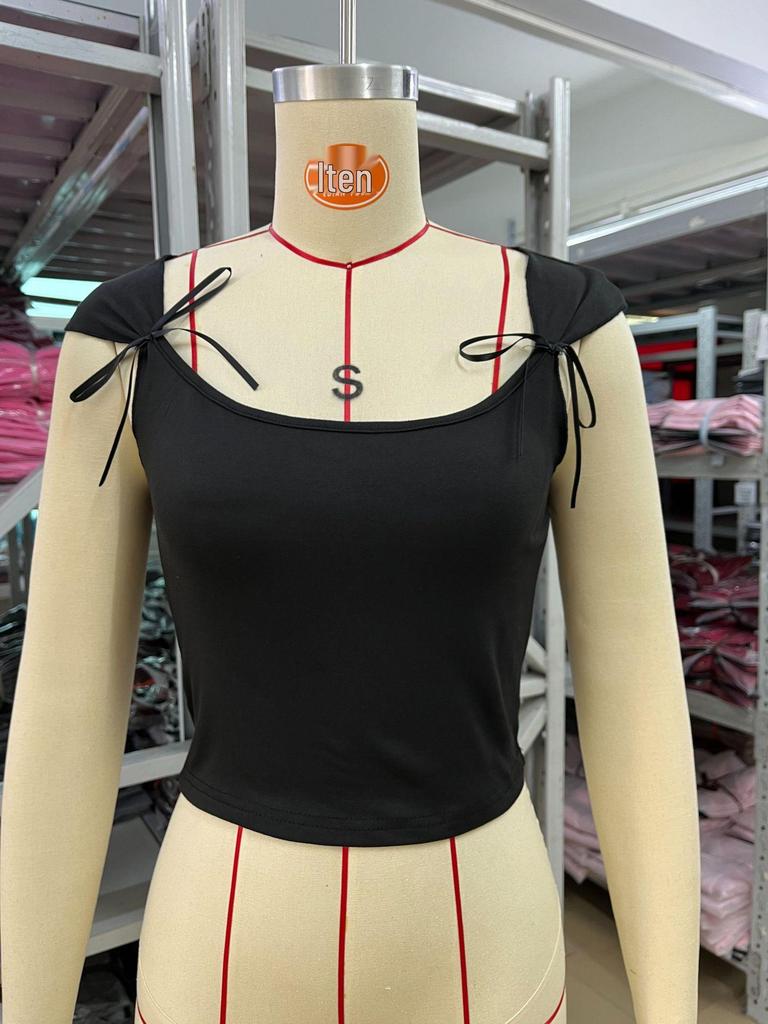 2026 European Summer Square Neck Sleeveless Bow Knot Cropped Sexy Tank Top for Women