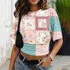 Women Crew Neck Pullover Printed Short Sleeve T Shirt Loose Fit Casual Top Patchwork Pattern Soft Comfortable Material