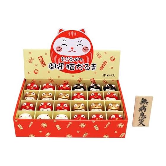 Osaka Choseido Daruma Figurine Daruma Ceramic Good Luck Cat Daruma Display Set Height 4.5cm Maneki Neko Original Wooden Tag Free Bonus (Sent