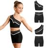 Kids Girls Gymnastics Dance Outfit One Shoulder Sleeveless Metallic Trim Shiny Rhinestones Crop Top with Elastic Waistband Shorts