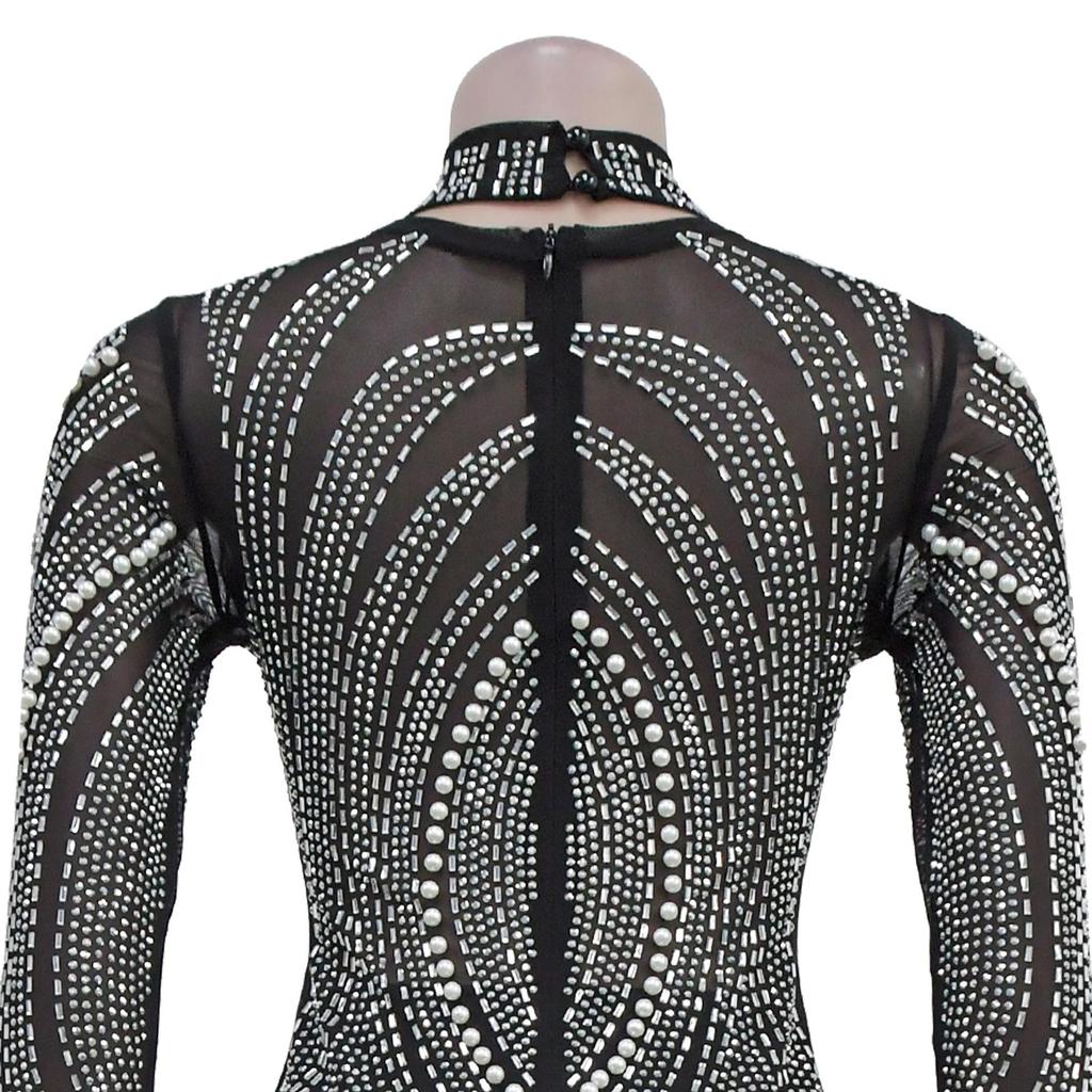 Abito da donna trasparente in rete con strass e perline - Stile europeo americano