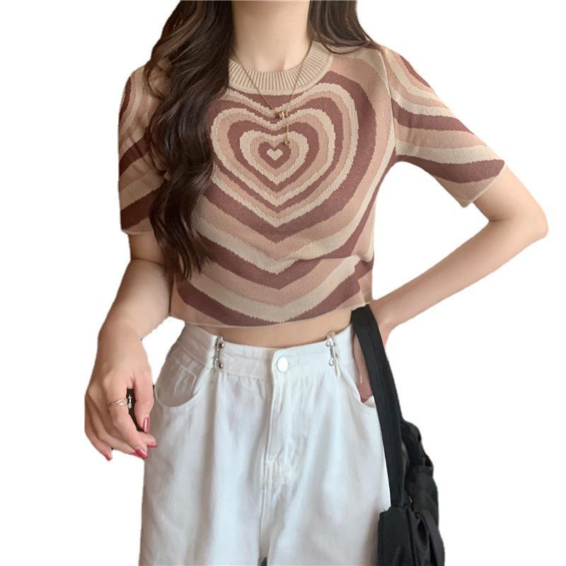 Fashion Knit Sweater Women Loose Slim Short Sleeve Love Top Summer Versatile Fashion Short Round Neck Womens Casual Essential Slim Fit Pullovers Tees