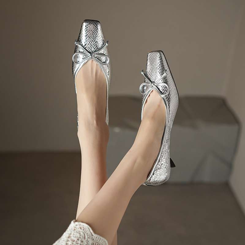 Krazing Pot Sheep Skin Summer Spring Autumn Stiletto Med Heels Butterfly-knot Women Square Toe Shallow Pumps