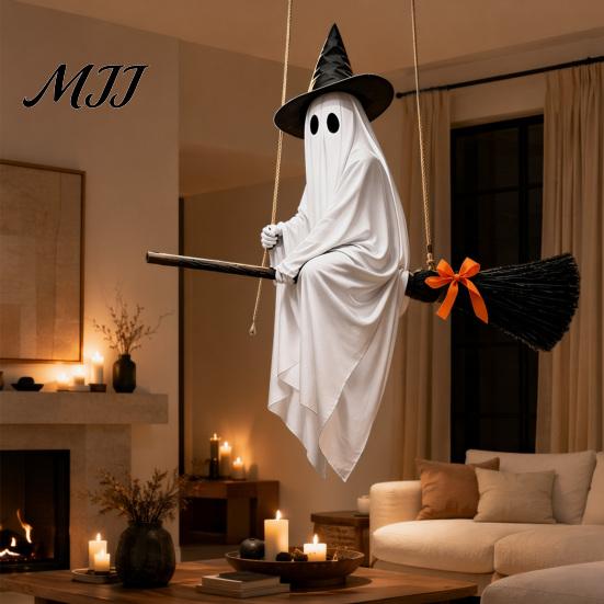 Outdoor Halloween Porch Decor Hanging Ghost Decoration with Witch Hat and Broom, Spooky Flying Wizard Ornament for Haunted House Tree Yard,