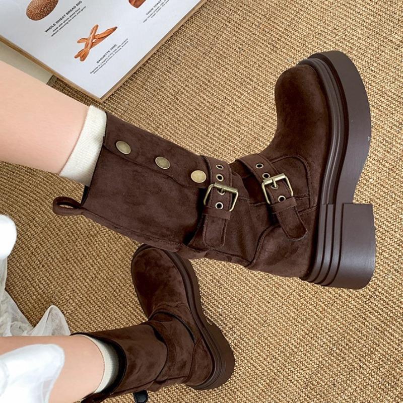 Fashion Women's Long Boots 2025 Fashion Platform Height Increasing Outdoor Knight Boots Spring Autumn New Retro Belt Buckle Women Shoes