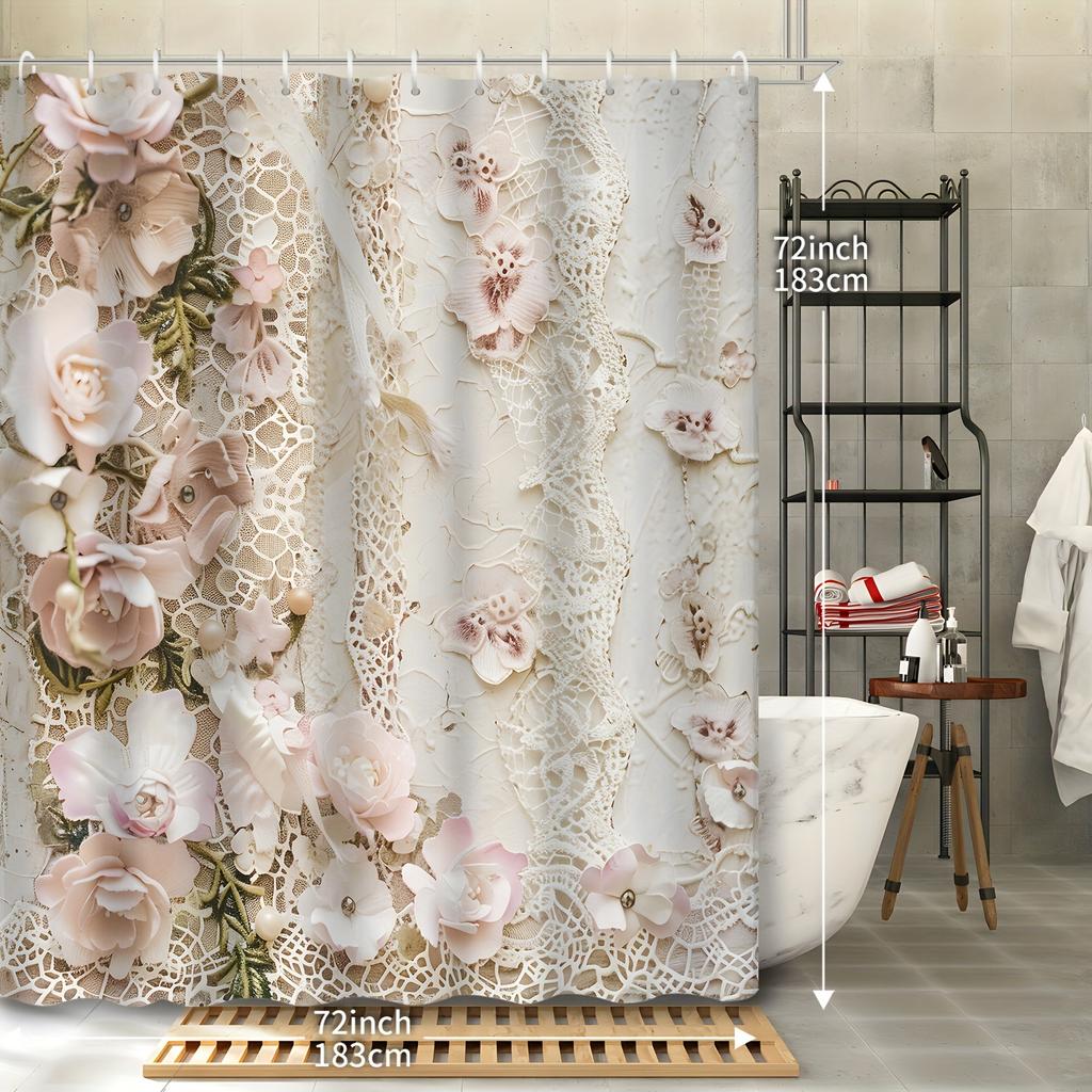 1Pc Shower Curtain - Elegant Floral And Lace Design For A Romantic Bathroom Waterproof
