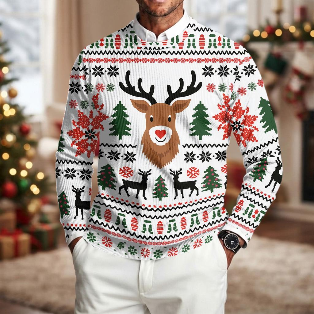 Men's Long Sleeve Crewneck Ribbed Knit Pullover Sweater with Christmas Holiday Print Casual Winter Top