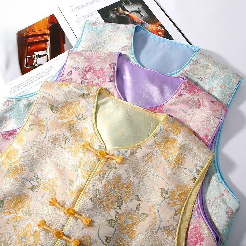 Gilet Jacquard Elegante da Donna Stile Cinese Collo alla Mandarina Bottone a Rana Abbigliamento Vintage