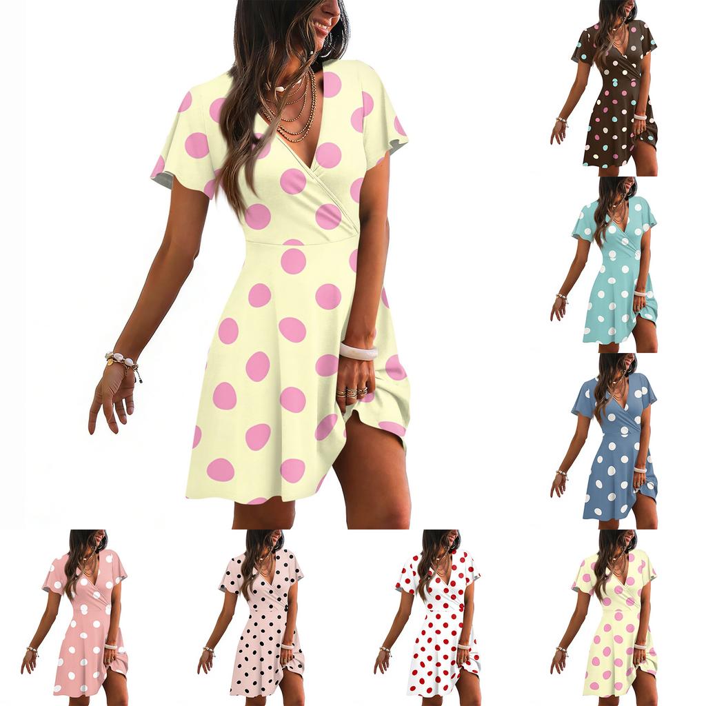 Robe d'été décontractée pour femme, col en V, manches courtes, imprimé à pois, style portefeuille, longueur au-dessus du genou