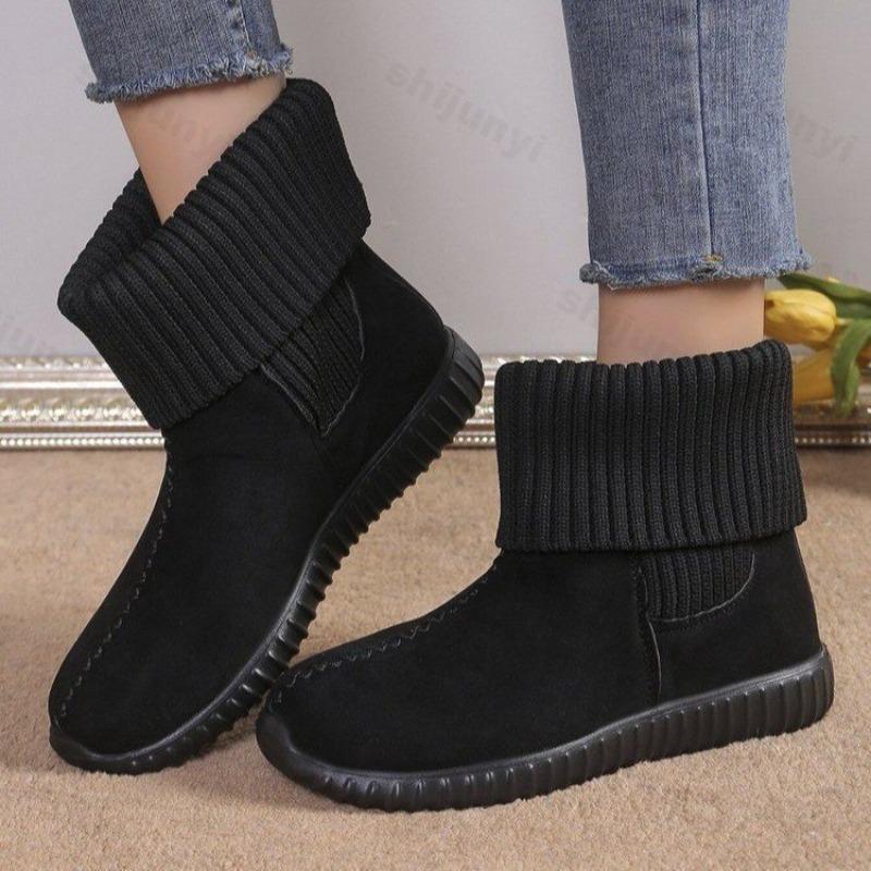 Women's Knitted Short Boots Fashion 2026 Winter Warm Flat Bottom Warm Autumn Shoes Round Toe Casual Shoe Women Boots Botas Mujer