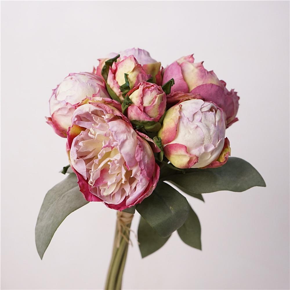 Multicolor Peony Artificial Flower 7 Heads Silk Petals Silk Fake Flowers Floral Arrangement Green Leaves Faux Flower Peony Gift