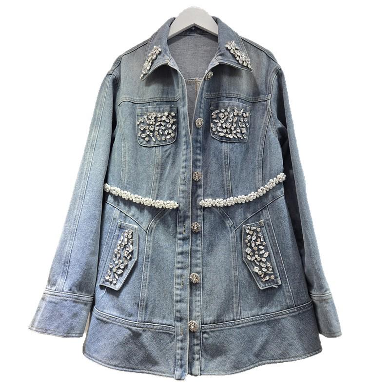 European Station Women's 2026 Autumn/Winter Rhinestone Denim Jacket with Waist-Cinched Design