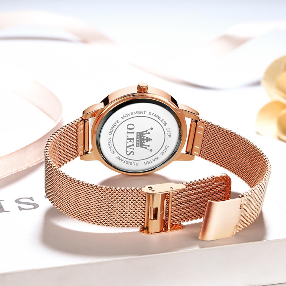 OLEVS Elegant Rose Gold Women Watch Love Heart Rhinestone Milanese Mesh Band Waterproof Dress Quartz Wristwatch For Ladies