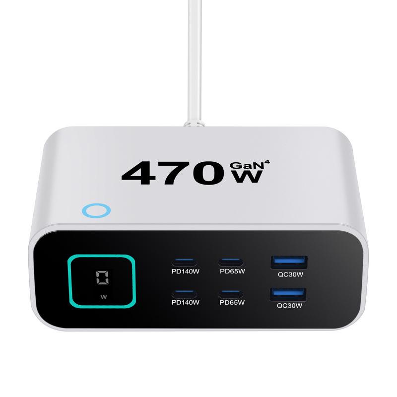 470W GaN Digital Desktop Charger with 140W Smart Display TFT Screen Adapter