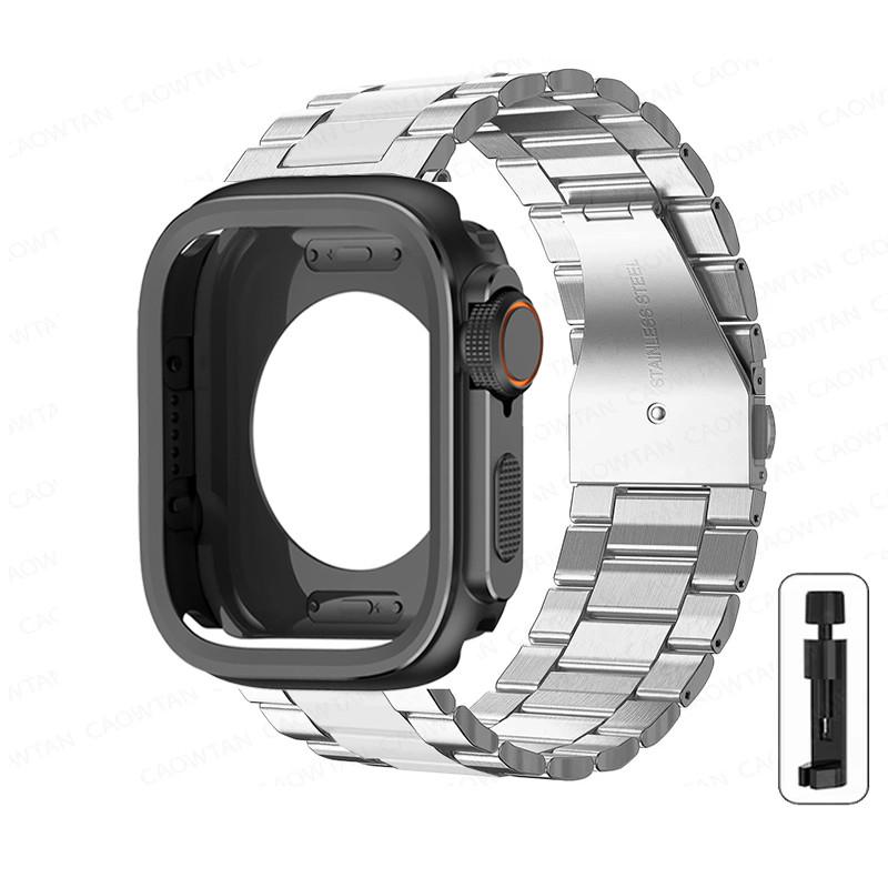 Alloy Case+Stainless Steel Strap For Apple Watch Ultra 2 1 49mm 46mm 45mm 44mm Hollow Out Protective Cover For Iwatch 10 9 8 7 6