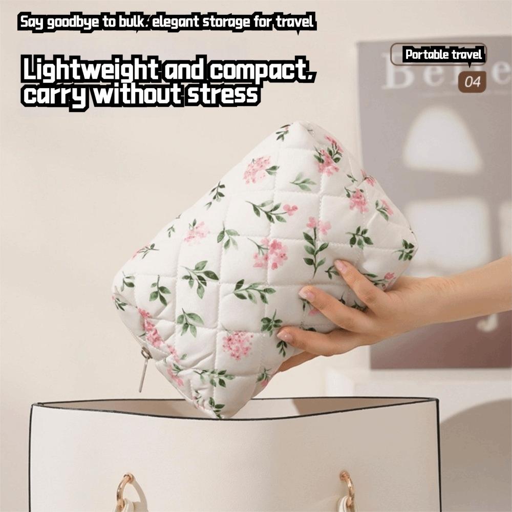 Fashion Quilted Makeup Bag Flower Printed Lightweight Cosmetic Pouch Large Capacity Travel Toiletry Handbag for Women
