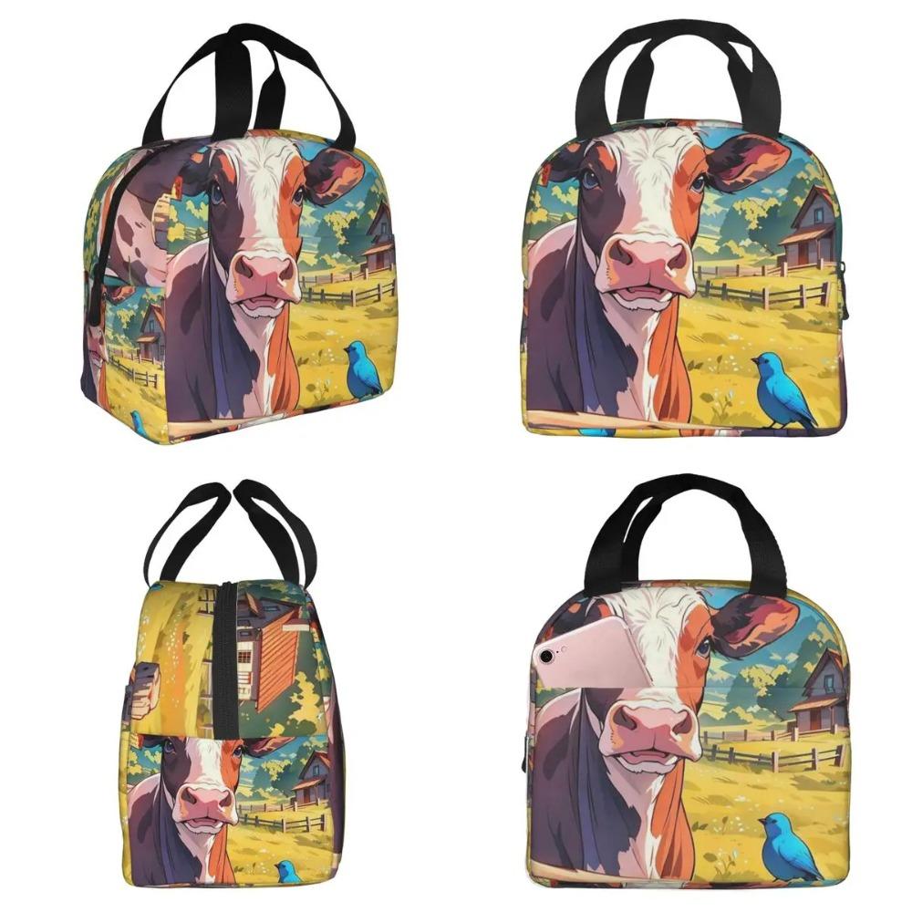Cute Cow Fence Flower Pattern Insulated Lunch Bag for Kids School Cooler Thermal Food Box Tote Portable Lunch Boxes Container
