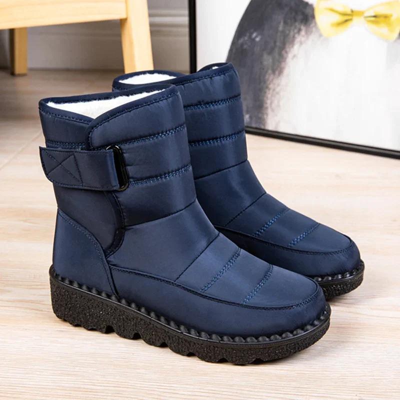 Fashion Snow Boots for Women's Thicken Plush Cotton Boots Winter Thick Platform Waterproof Warm Booties Hook Loop Plus Size Ladies Shoes