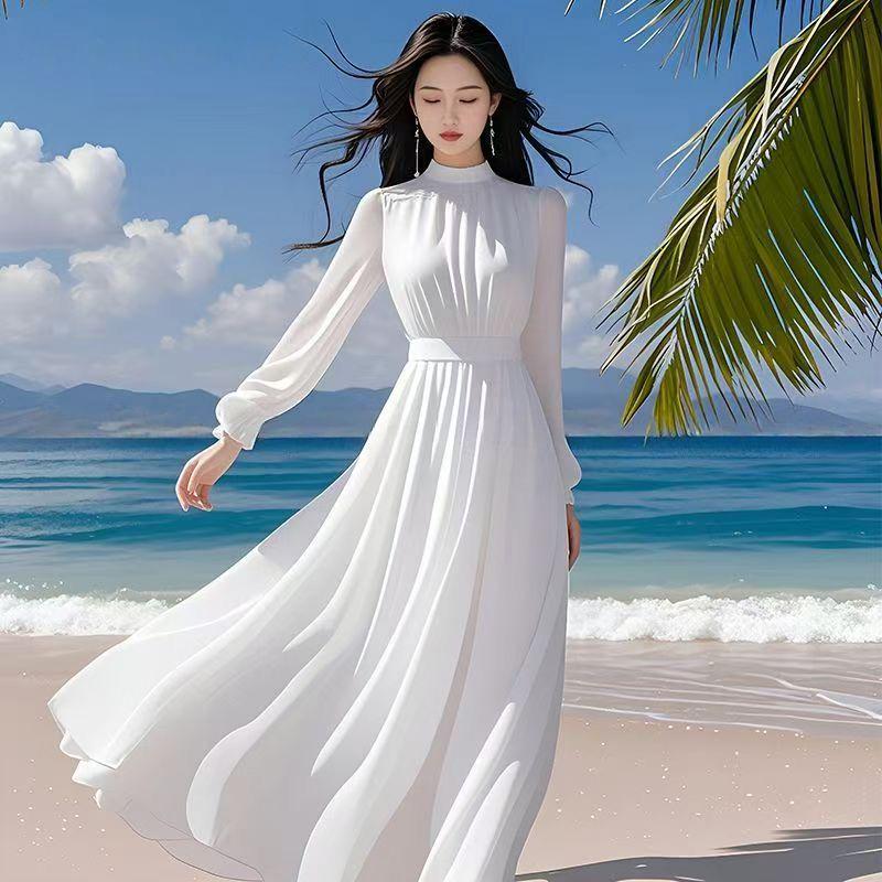Elegant Women's Purple Long Sleeve Spring-Autumn Seaside Vacation Dress with Waist-Cinched Wide Hem, 2025 New Style.