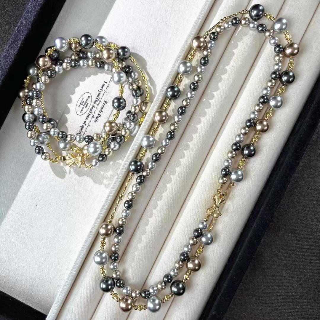 

Vintage Strong Light High Quality Gray Black Artificial Crystal Pearl Double Necklace Collarbone Chain