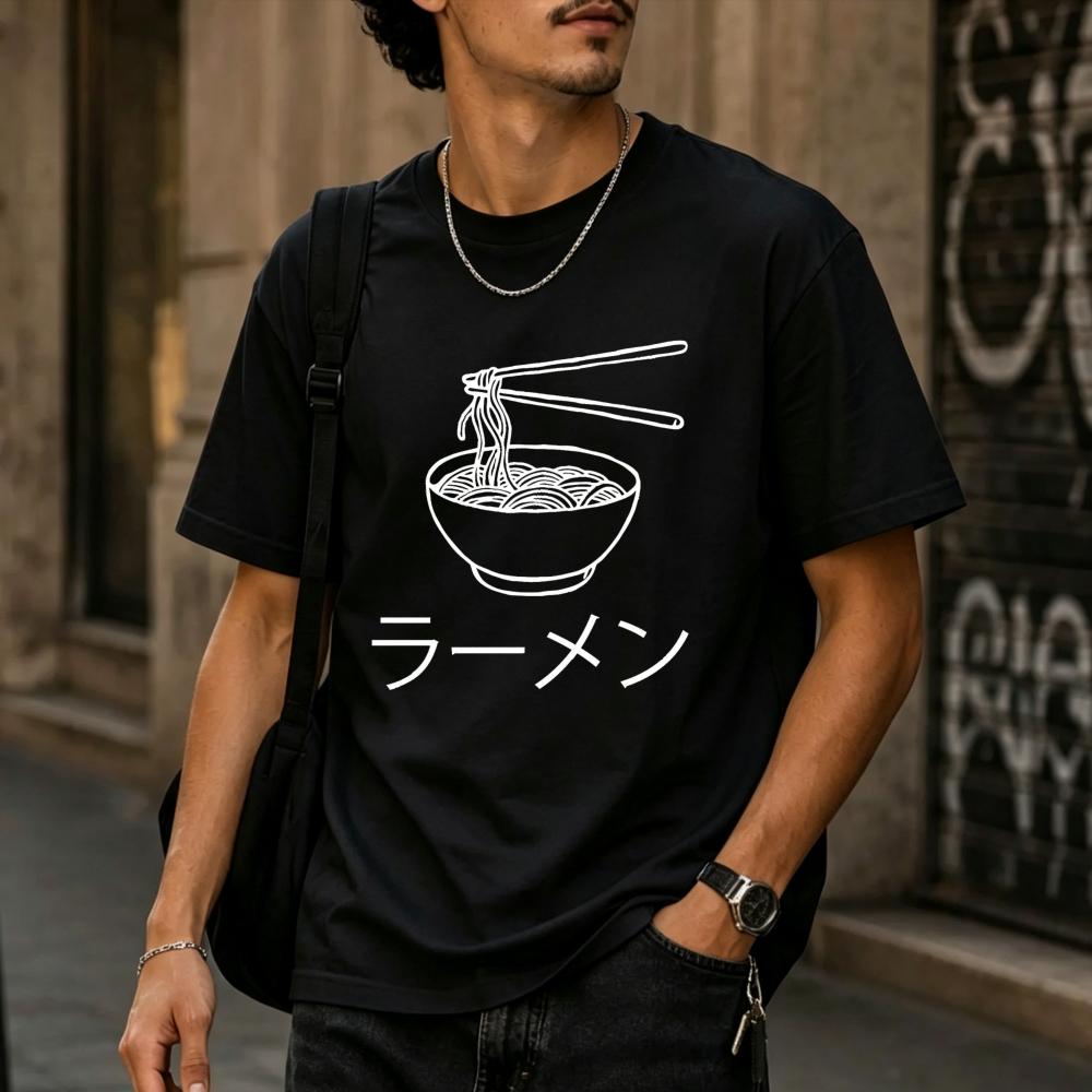 Japanese Ramen Noodle Kanji Sketch Print Men Cotton T Shirt Minimalist White Line Art Short Sle