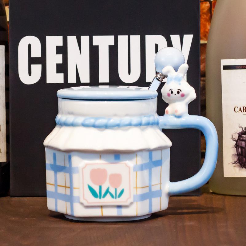 

Керамическая чашка с крышкой-ложкой в виде кролика, милая кружка для девочек, высокий уровень внешнего вида, завтрак, напиток в общежитии, чашка для пары, подарок, украшение дома 301-400ml