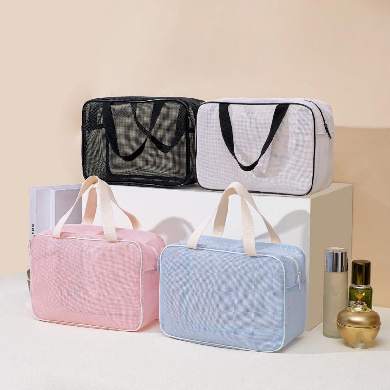 Compact Travel Cosmetic Bag with Breathable Mesh and Handle for Organized Toiletries