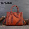 Johnature Retro Feather Embossed Handbag Genuine Leather Women Bag Large Capacity Real Cowhide Casual Shoulder Bags