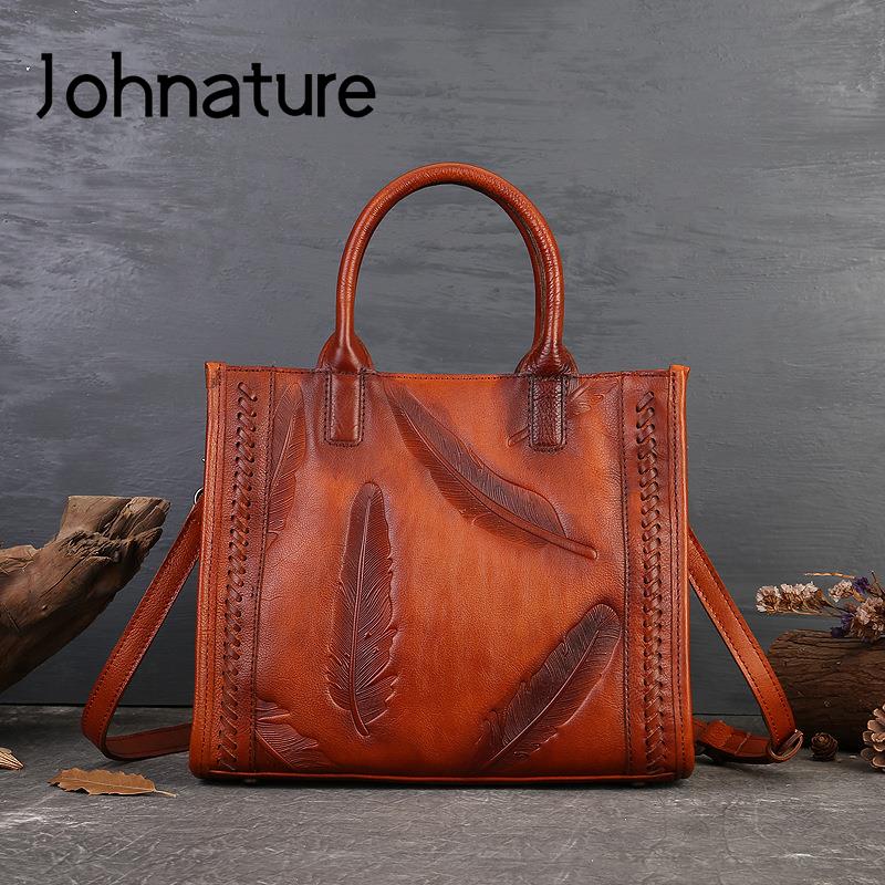 Johnature Retro Feather Embossed Handbag Genuine Leather Women Bag Large Capacity Real Cowhide Casual Shoulder Bags