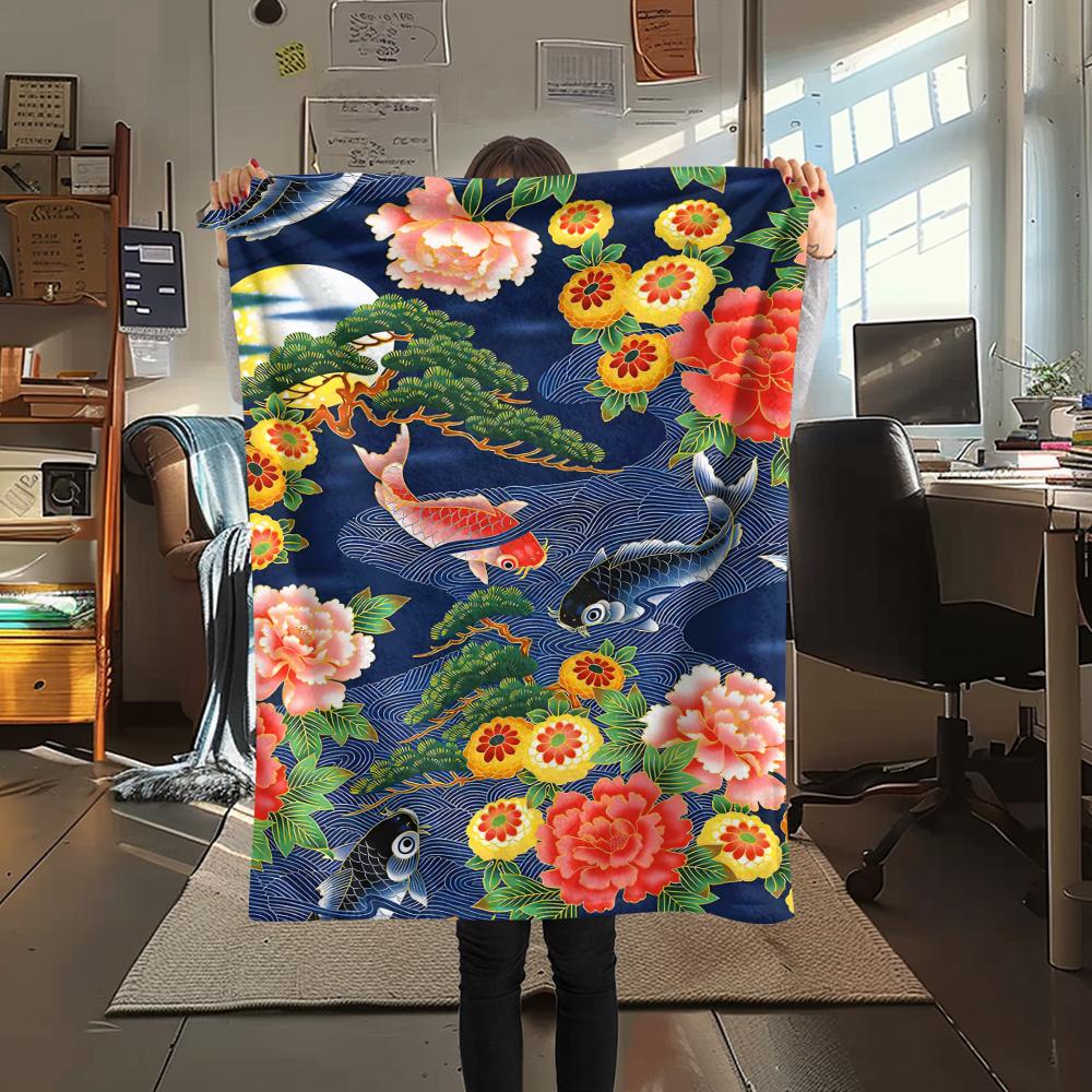 1Pc Goldfish Peacocks Print Flannel Blanket, High quality Comfortable for All Seasons, Home Decor, Warmth and Comfort, Perfect for Christmas Gifts