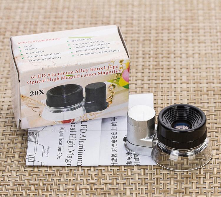 20X Lupe mit 6 LED-Leuchten, Linsen aus beschichtetem optischem Glas, Vergrößerungsglas, Lupen zur Diamantenidentifizierung