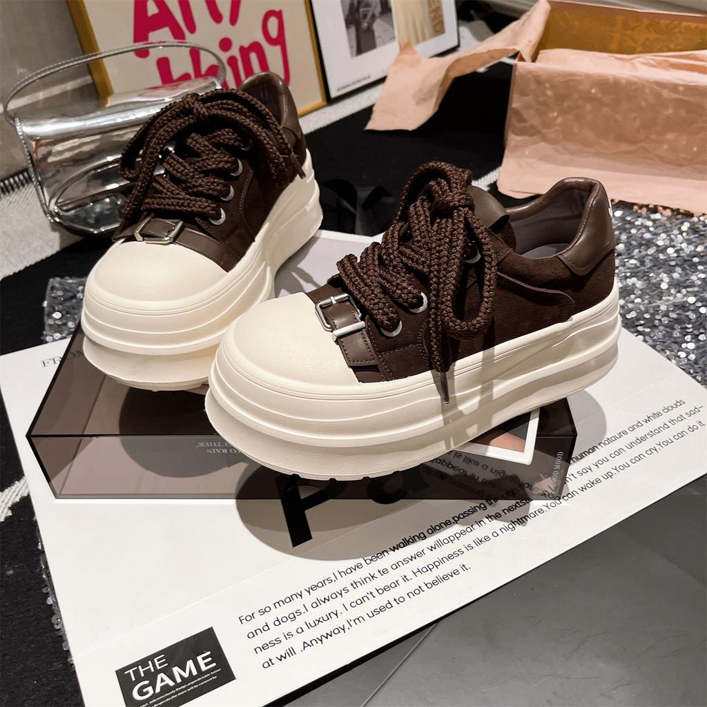 2025 autumn new metal buckle leather thick-soled muffin small man 6cm height increase casual board shoes bread shoes women