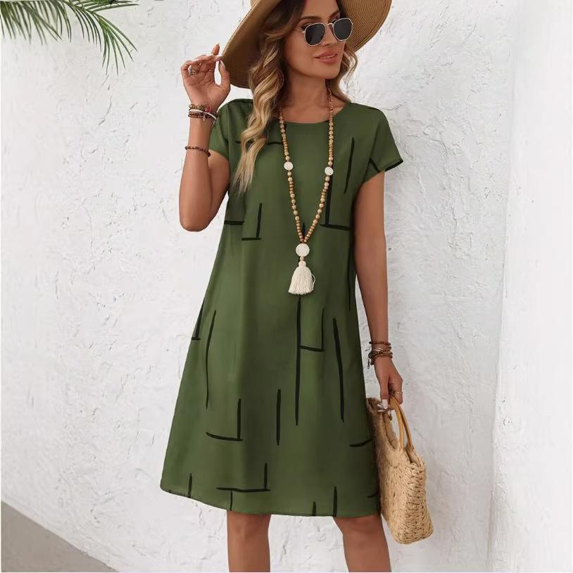 2026 European and American women's clothing explosive fashion printing 2026 new round neck short-sleeved dress