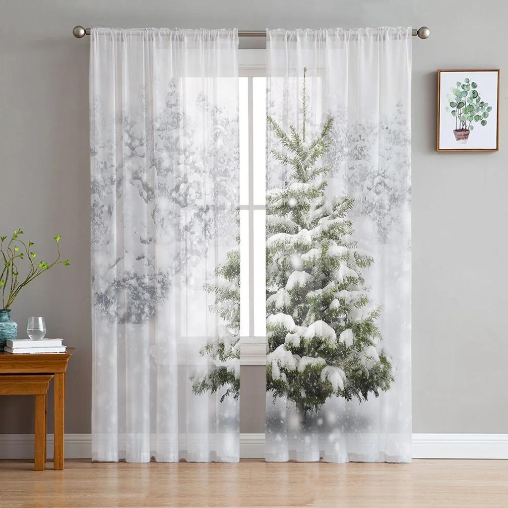 Christmas Snow Land Tree Snowflake TCurtains For Living Room Bedroom Kitchen Decoration Window Tulle Curtain