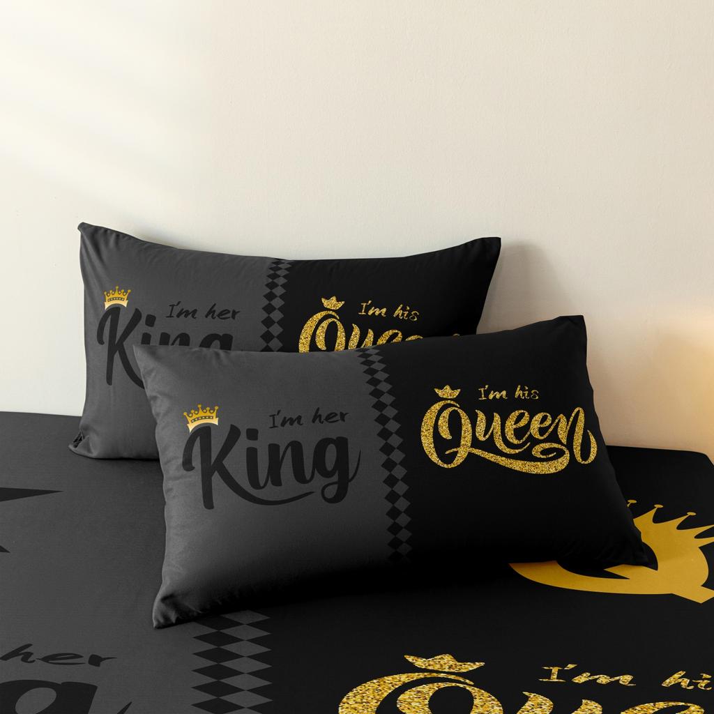 3pcs Fashionable Black Gray Queen & King Crown Printed Bedding Set Duvet Cover Soft Comfortable And Breathable, Bedroom, Hotel