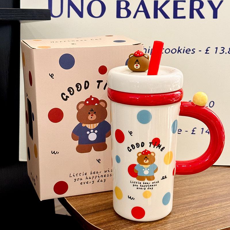 Cartoon Straw Cup Large Capacity Ceramic Drinking Cup with Lid Cute Animal Breakfast Milk Cup Souvenir