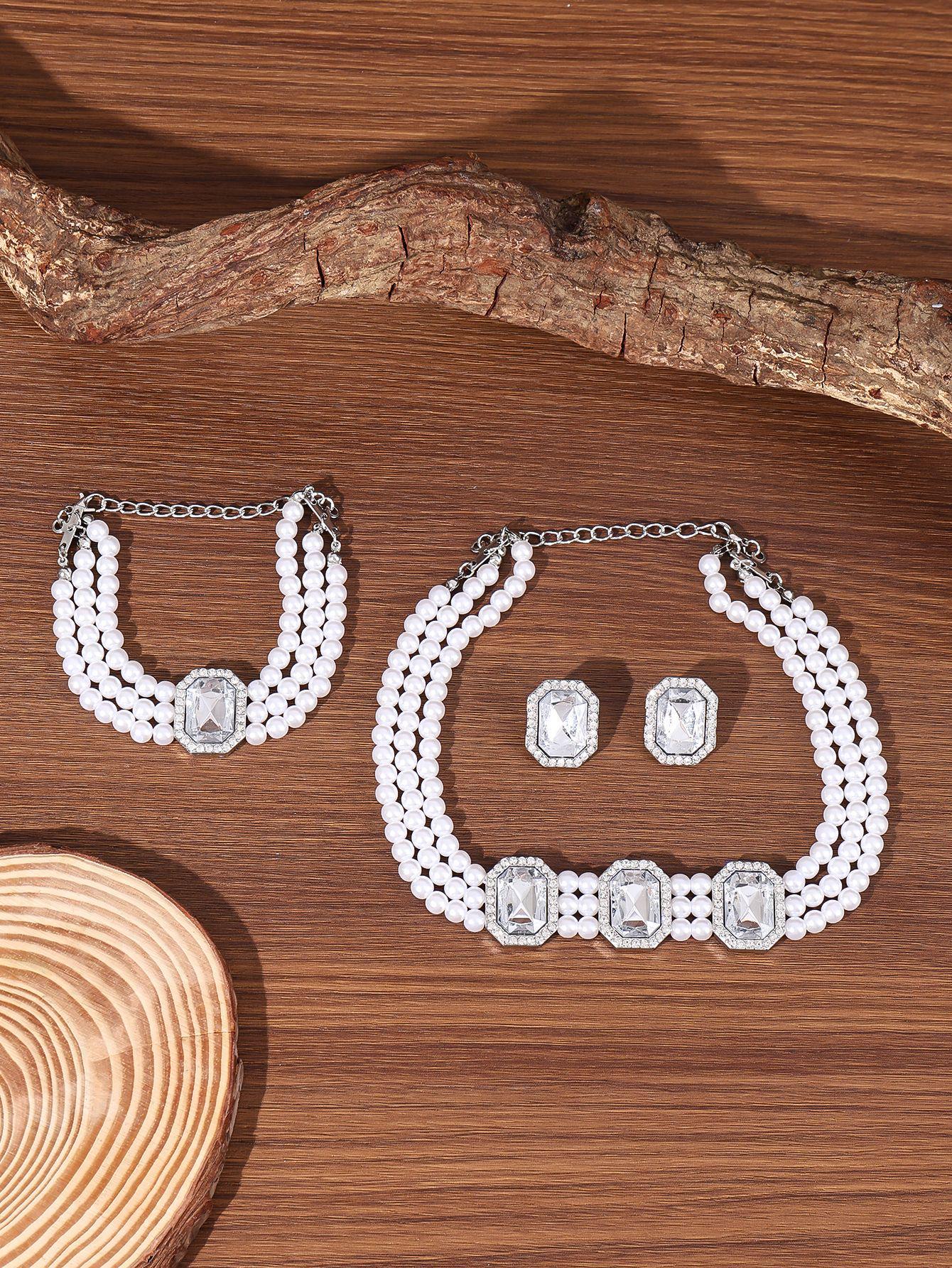 Elegant European & American Multi-layer Faux Pearl Jewelry Set - Necklace, Bracelet & Earrings. белый