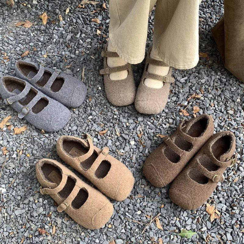 Fashion IPPEUM Women Mary Janes Shoes Winter Ballet Flats Plush Buckle Ballerinas Zapatos Mujer